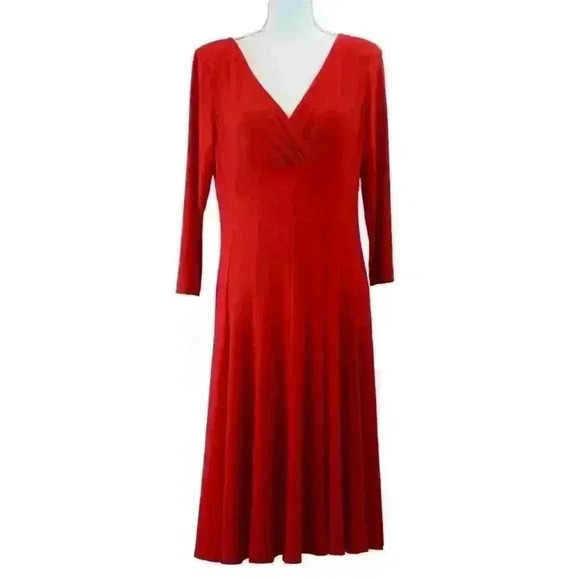 VINTAGE Ralph Lauren Red Long Sleeve Midi Dress Empire Waist Fit & Flare Size 12 - Picture 1 of 8